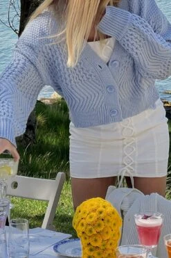 Robe Mini Lacée Sur Le Devant -Lady Doux Soldes Magasin linen lacing front balloon sleeve mini dress 1014 001405 0342 social