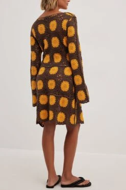 Robe Courte En Maille Crochetée à Manches Longues 9 Robe Courte En Maille Crochetée à Manches Longues -Lady Doux Soldes Magasin long sleeve crochet knitted mini dress 1018 010362 9855 1127