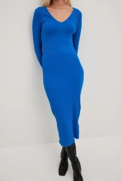 Robe Mi-longue Côtelée à Col En V -Lady Doux Soldes Magasin nakd v neck ribbed midi dress 1044 000280 0277 14770