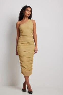 Robe Mi-longue Asymétrique Drapée En Tissu Pailleté -Lady Doux Soldes Magasin one shoulder draped glitter midi dress 1017 002176 00053339