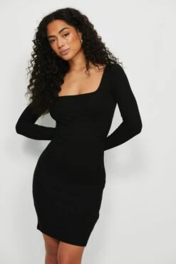 Robe Mini à Col Carré Côtelé -Lady Doux Soldes Magasin square neck rib mini dress 1018 008680 0002 03a