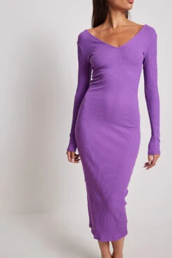 Robe à Manches Longues Côtelée -Lady Doux Soldes Magasin v neck rib long sleeved midi dress 1044 000241 02087147