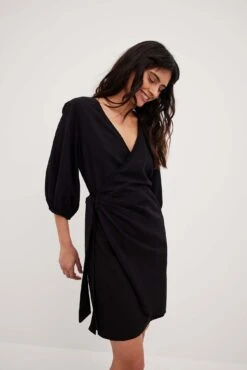 Robe Portefeuille Courte En Lin Mélangé -Lady Doux Soldes Magasin wrapped linen mini dress 1014 001545 00028263